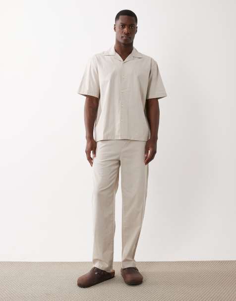 ONLY & SONS cotton rich revere collar shirt, loose fit trousers & shorts co-ord in beige - view 1