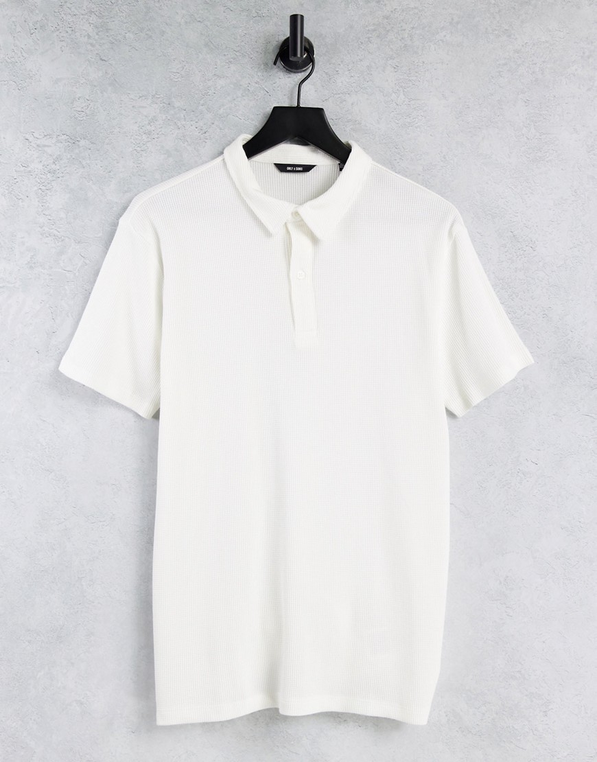 Only & Sons cotton waffle polo in white - WHITE