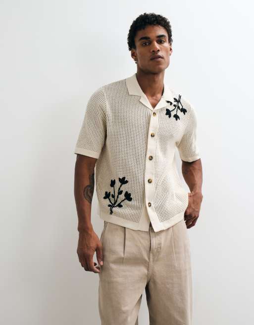 ONLY & SONS - Cremehvid skjorte med broderede detaljer i åben strik, 2 af 5
