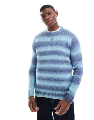 crew neck brushed sweater in blue stripe-Navy