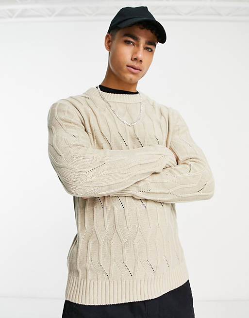 Only & Sons crew neck cable knitted jumper in beige