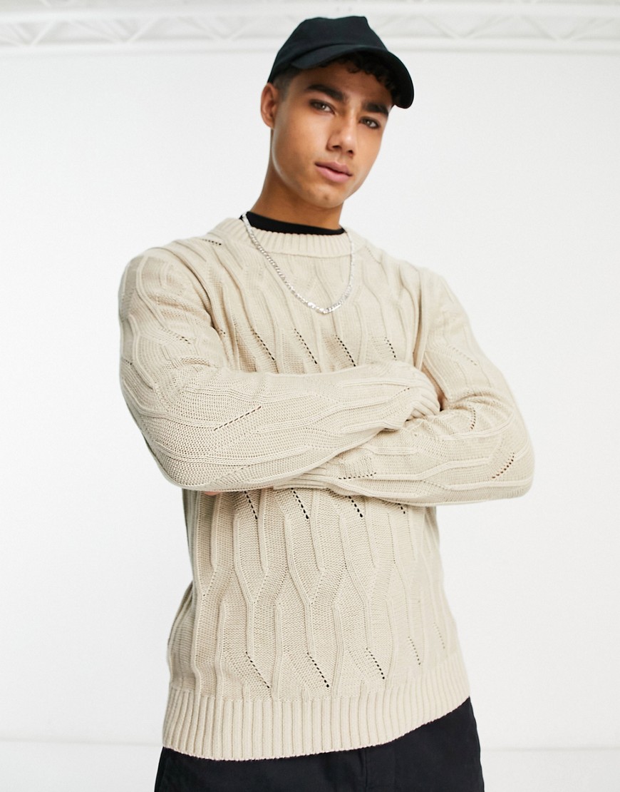 Only & Sons crew neck cable knitted sweater in beige-Neutral