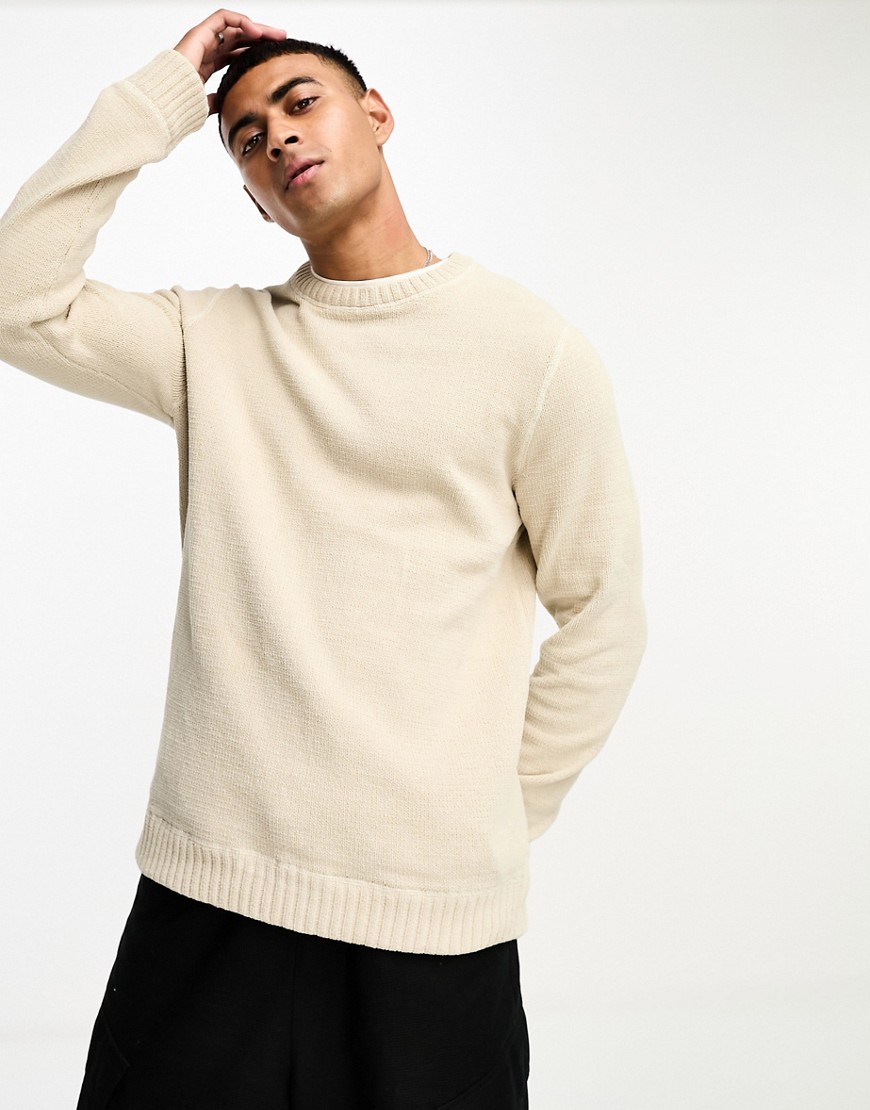 Only & Sons Crew Neck Chenille Sweater In Beige-neutral