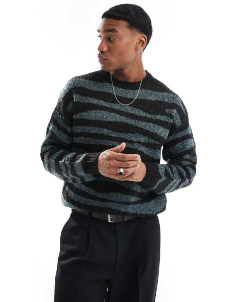ONLY & SONS crew neck drop shoulder jumper with zebra stripe in black - view 1
