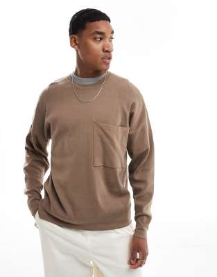 crew neck drop shoulder knit sweater in brown