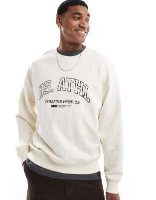 crew neck drop shoulder sweater with athletic print in cream-White