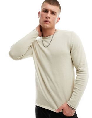 Only & Sons crew neck jumper in light stone