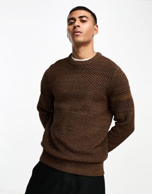 Only & Sons crew neck jumper in twisted brown yarn