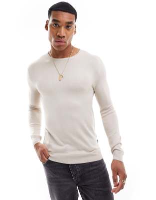 Only & Sons Crew Neck Knit Sweater In Beige-neutral