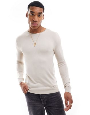 ONLY & SONS crew neck knitted jumper in beige-Neutral