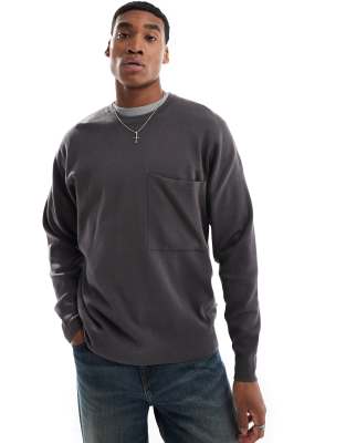 Only & Sons Crew Neck Long Sleeve Drop Shoulder Knit In Dark Gray