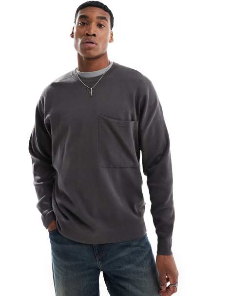 ONLY & SONS crew neck long sleeve drop shoulder knit in dark grey - view 1