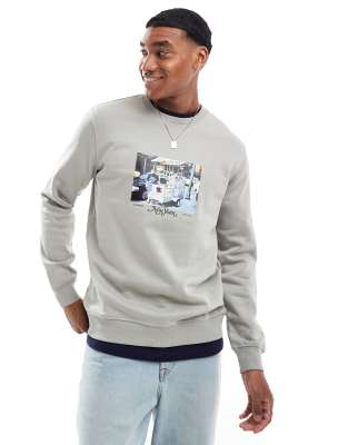 crew neck sweat with NY photo print in washed light gray-Navy