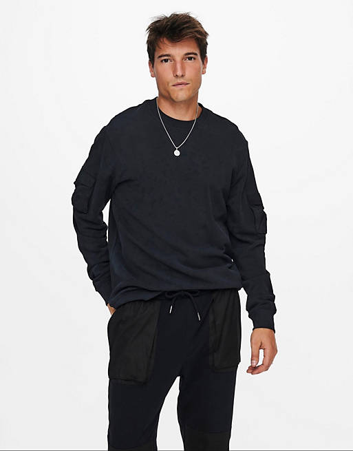 Only & Sons crew neck sweatshirt with sleeve pockets in washed black - part of a set