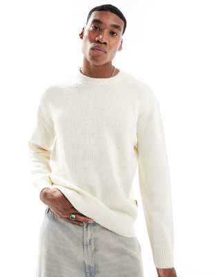 crew neck textured drop shoulder sweater in cream-White