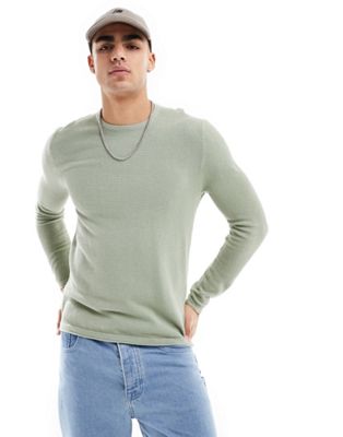 ONLY & SONS crew neck textured knit jumper in sage green