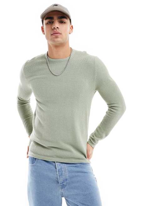  ONLY & SONS crew neck textured knit jumper in sage green