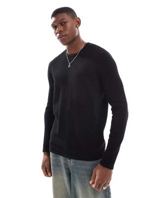 crew neck textured knit sweater in black