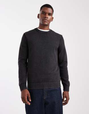 Only & Sons Crew Neck Washed Knit Sweater In Black