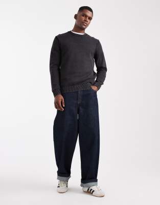 Only & Sons Crew Neck Washed Knit Sweater In Black