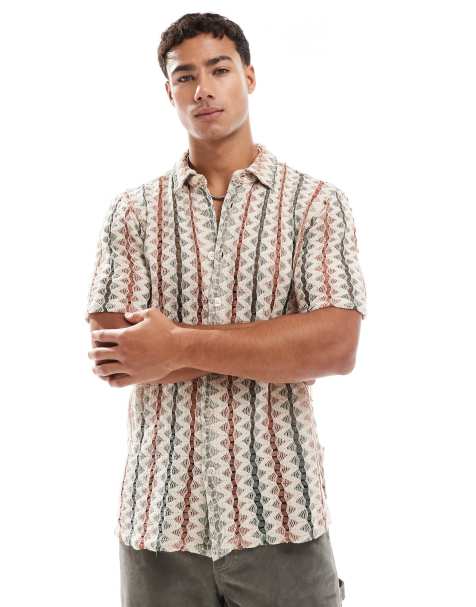 ONLY & SONS crochet shirt in beige and sage - view 1