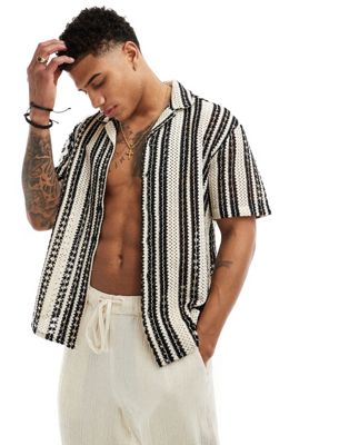ONLY & SONS crochet shirt in beige with black stripe