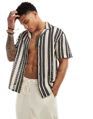 Only & Sons Crochet Shirt In Beige With Black Stripe-multi