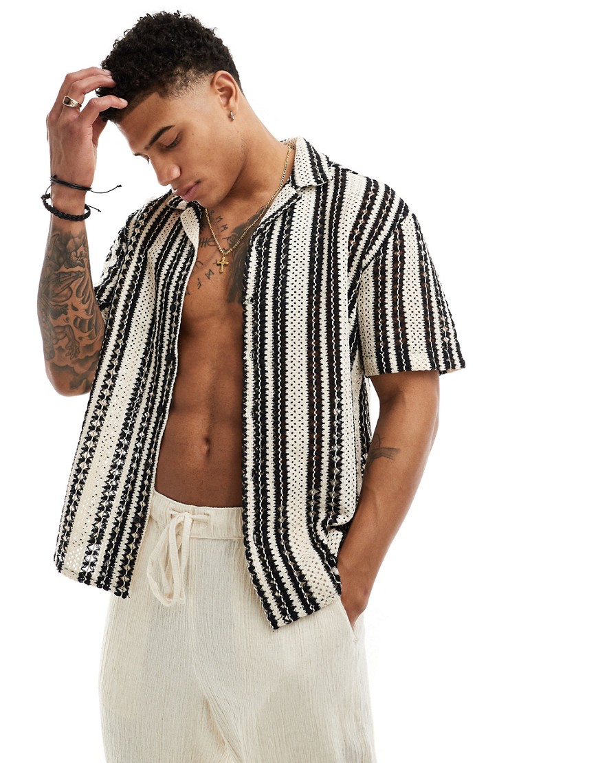 Only & Sons Crochet Shirt In Beige With Black Stripe-multi