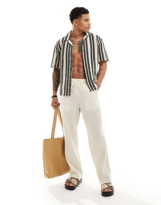 Only & Sons crochet shirt in beige with black stripe