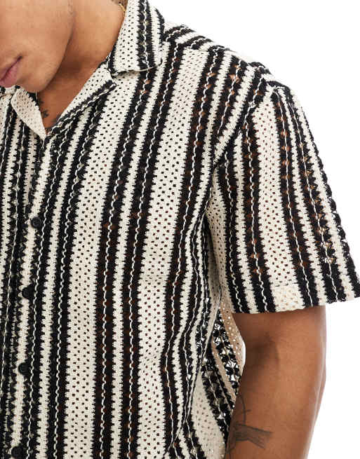 Only & Sons crochet shirt in beige with black stripe