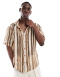 [ONLY & SONS] ONLY & SONS crochet shirt in beige with brown stripe-White XS Cloud Dancer / brown