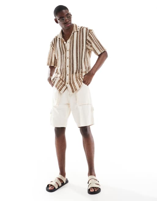 Only & Sons crochet shirt in beige with brown stripe 