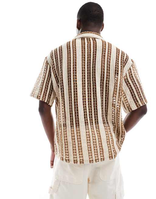 ONLY & SONS crochet shirt in beige with brown stripe , 3 of 4