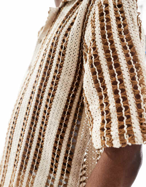 Only & Sons crochet shirt in beige with brown stripe 