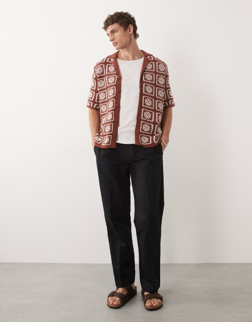 ONLY & SONS crochet shirt in rust brown with cream floral detail, 2 of 7