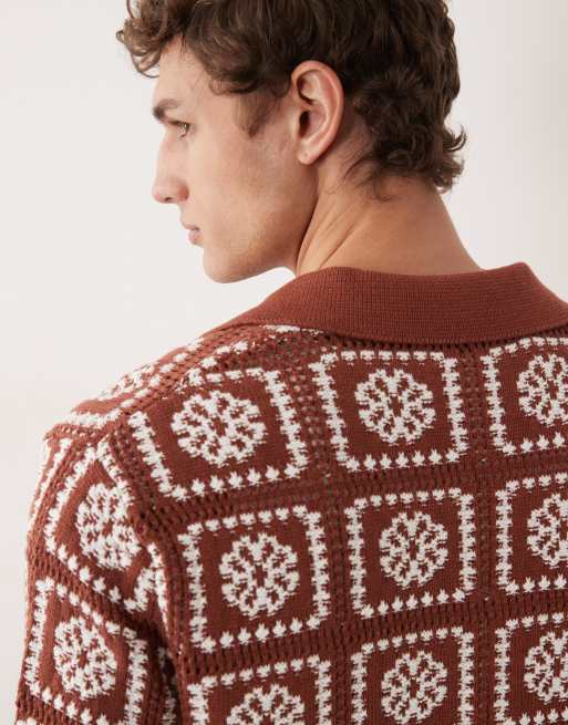 ONLY & SONS crochet shirt in rust brown with cream floral detail, 3 of 7