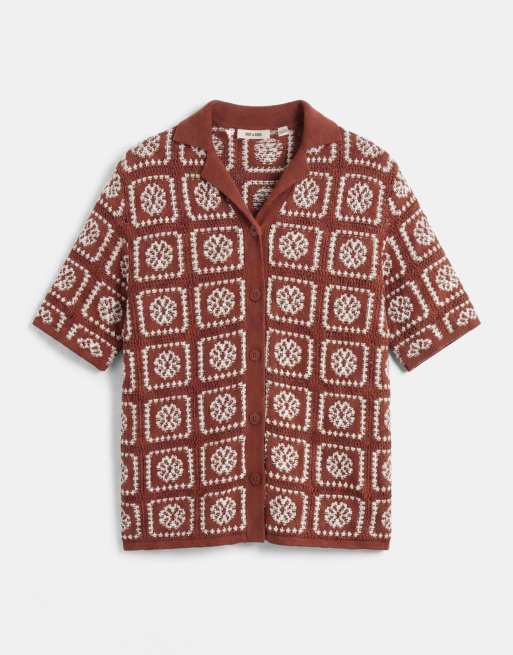 ONLY & SONS crochet shirt in rust brown with cream floral detail, 6 of 7