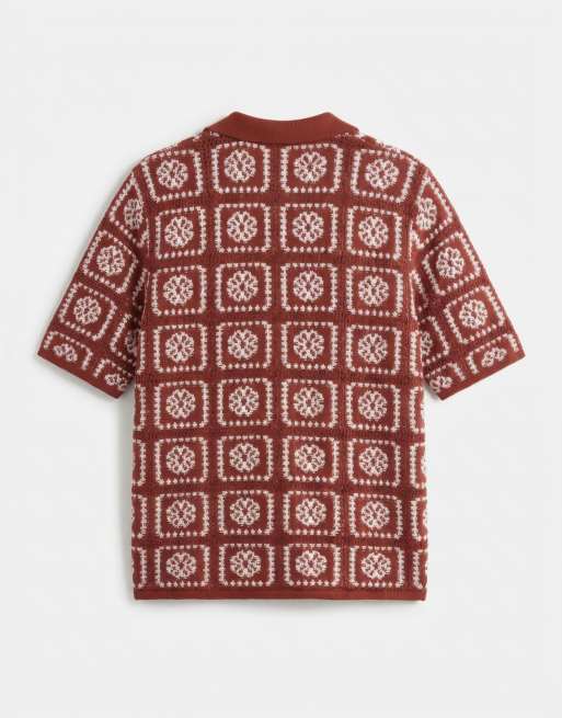 ONLY & SONS crochet shirt in rust brown with cream floral detail, 7 of 7