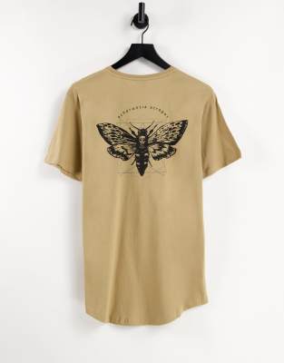 Only Sons Curved Hem T-shirt With Moth Back Print In Brown