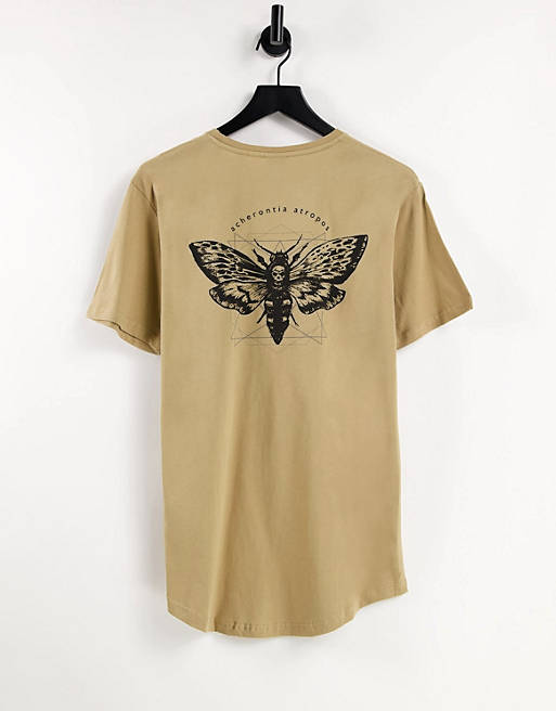 Only & Sons curved hem t-shirt with moth back print in brown