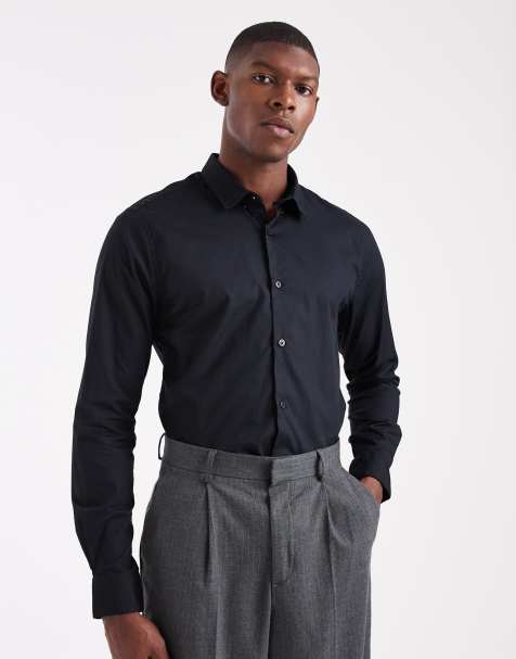 ONLY & SONS slim fit stretch poplin shirt in Black