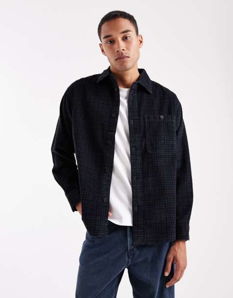 ONLY & SONS cord overshirt in black check
