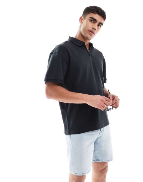 ONLY & SONS oversized split neck polo in black