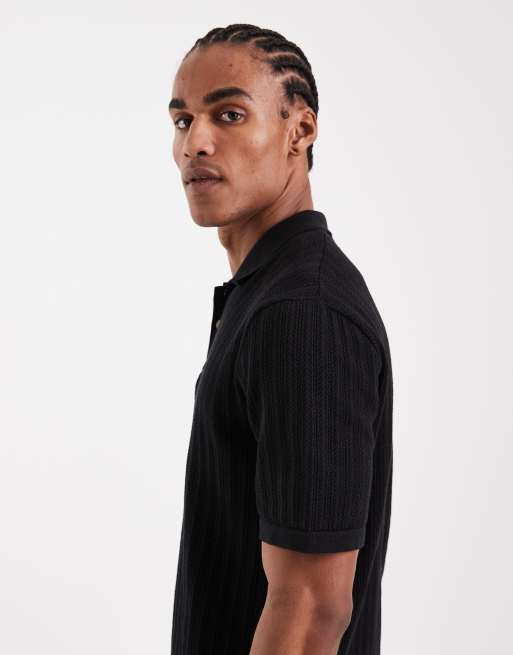 Only & Sons – Czarna koszulka polo z ażurowej dzianiny, 4 z 5