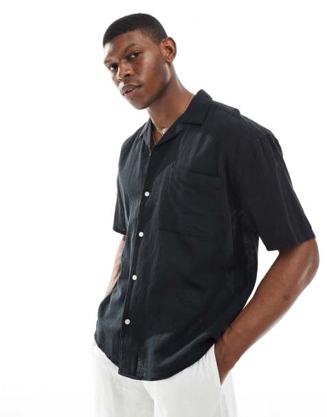 ONLY & SONS linen mix relaxed resort shirt in black