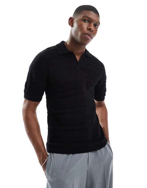 ONLY & SONS drop shoulder open knit split neck polo in black