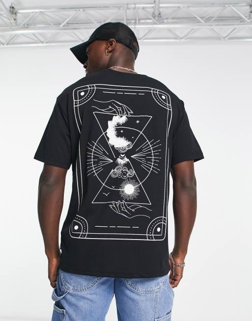 Only & Sons – Czarny T-shirt oversize z mistycznym nadrukiem z motywem karty tarota na plecach 