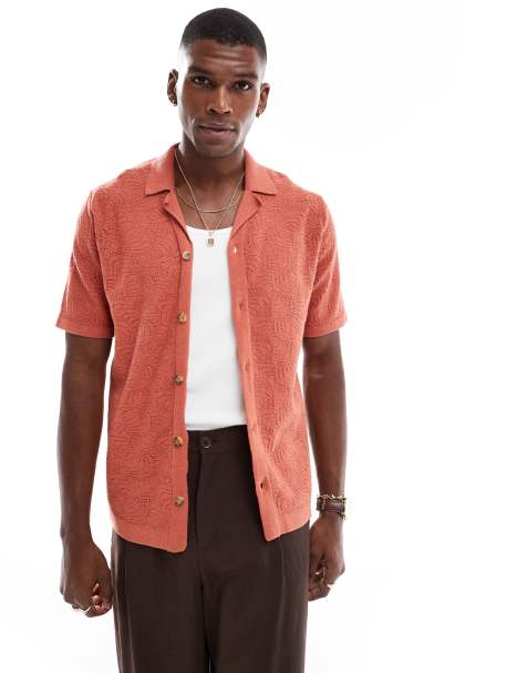 ONLY & SONS revere collar open knit shirt in clay red