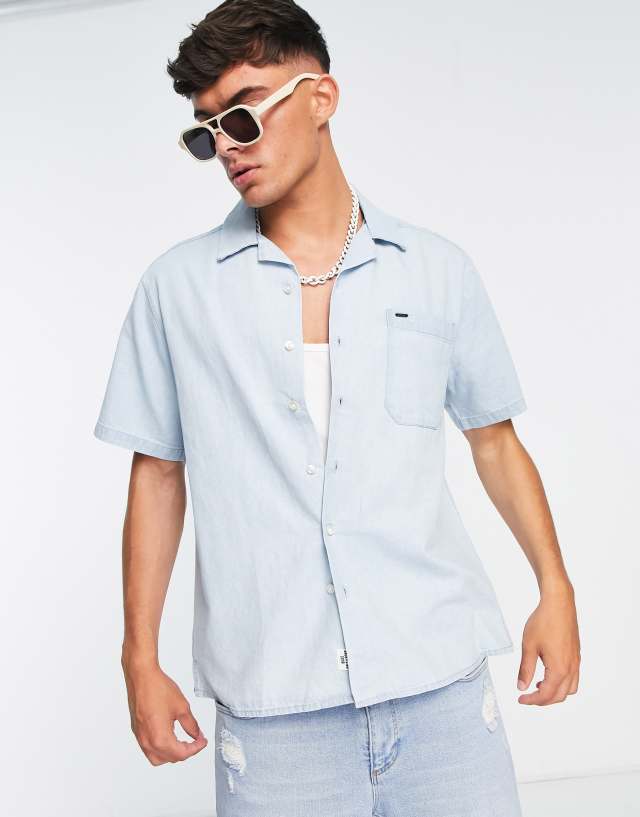 Only & Sons denim camp collar shirt in light wash denim