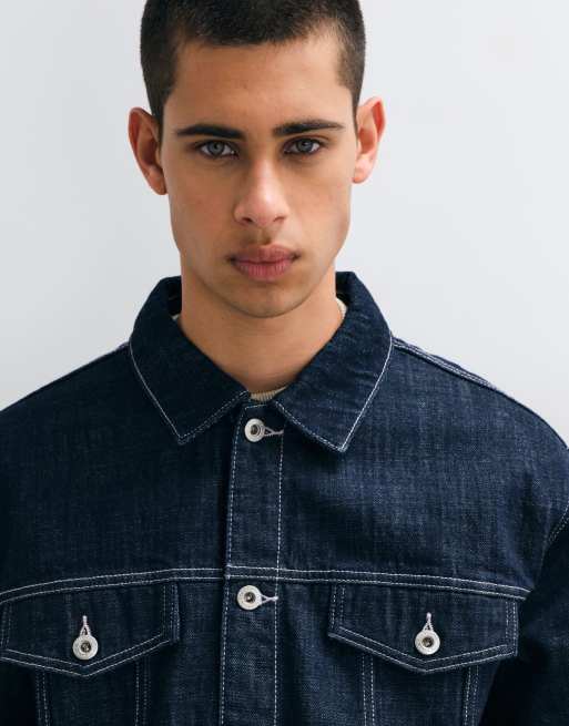 ONLY & SONS denim jack met contrasterende stiksels in donkerblauw met rinse wassing, 3 van 5